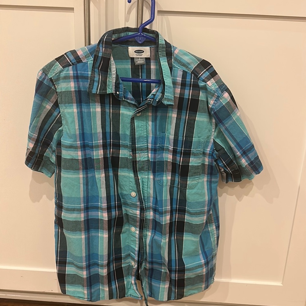 Old navy boys large like new button down blue plaid shirt. Worn once.